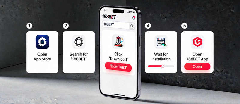 188BET 모바일 앱 다운로드 단계를 설명하는 이미지 - 스마트폰 화면에 다운로드 및 설치 과정이 순서대로 표시됨