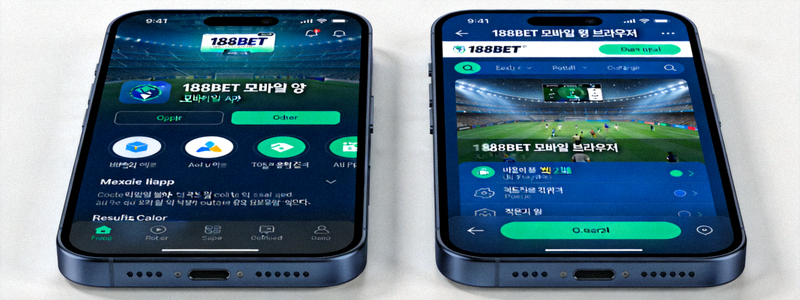 188BET 모바일 앱과 모바일 웹 브라우저의 비교 이미지 - 두 대의 스마트폰이 나란히 놓여 있고 각각 다른 인터페이스를 보여줌