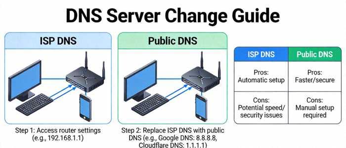 DNS 서버 변경 방법을 설명하는 네트워크 구성도 이미지 - ISP DNS와 공개 DNS의 차이점을 보여줌
