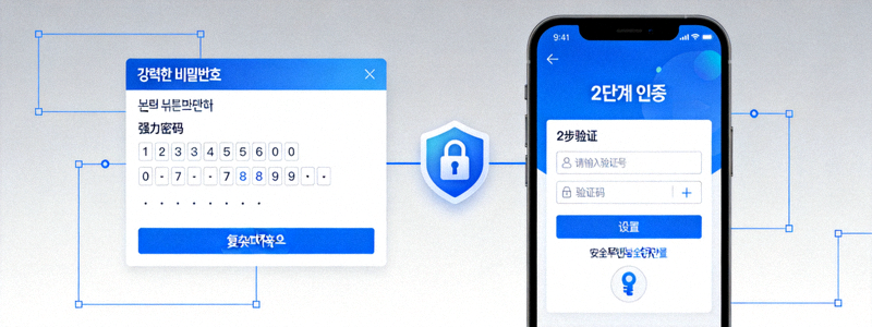 강력한 비밀번호 생성과 2단계 인증 설정을 강조하는 계정 보안 개념 이미지