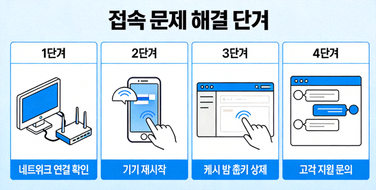 접속 문제 해결 단계를 시각적으로 보여주는 인포그래픽 이미지