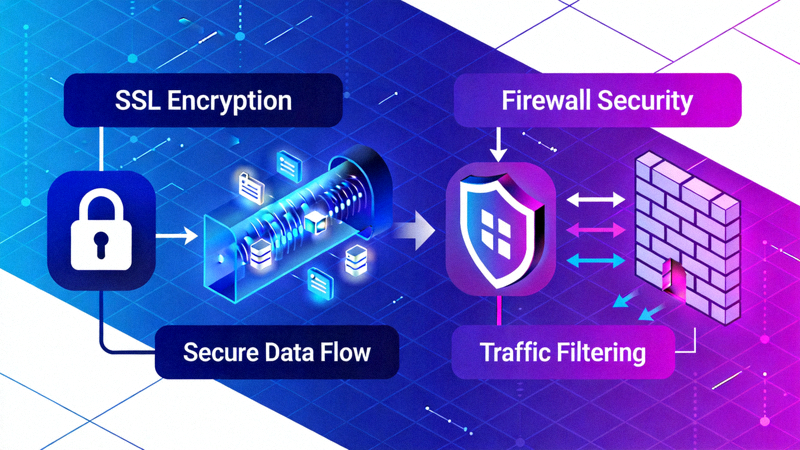 188BET이 사용하는 SSL 암호화 및 방화벽 보안 기술을 시각화한 이미지