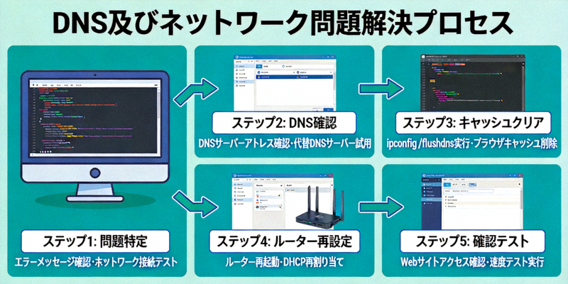 DNS 및 네트워크 문제 해결 과정을 설명하는 다이어그램