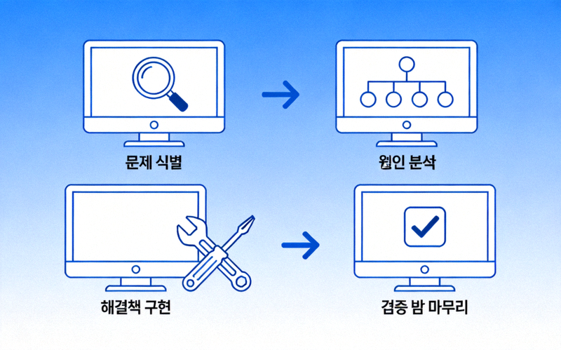 기술 문제 해결 단계를 보여주는 컴퓨터와 툴 아이콘 이미지