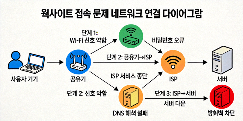 웹사이트 접속 문제를 설명하는 네트워크 연결 다이어그램